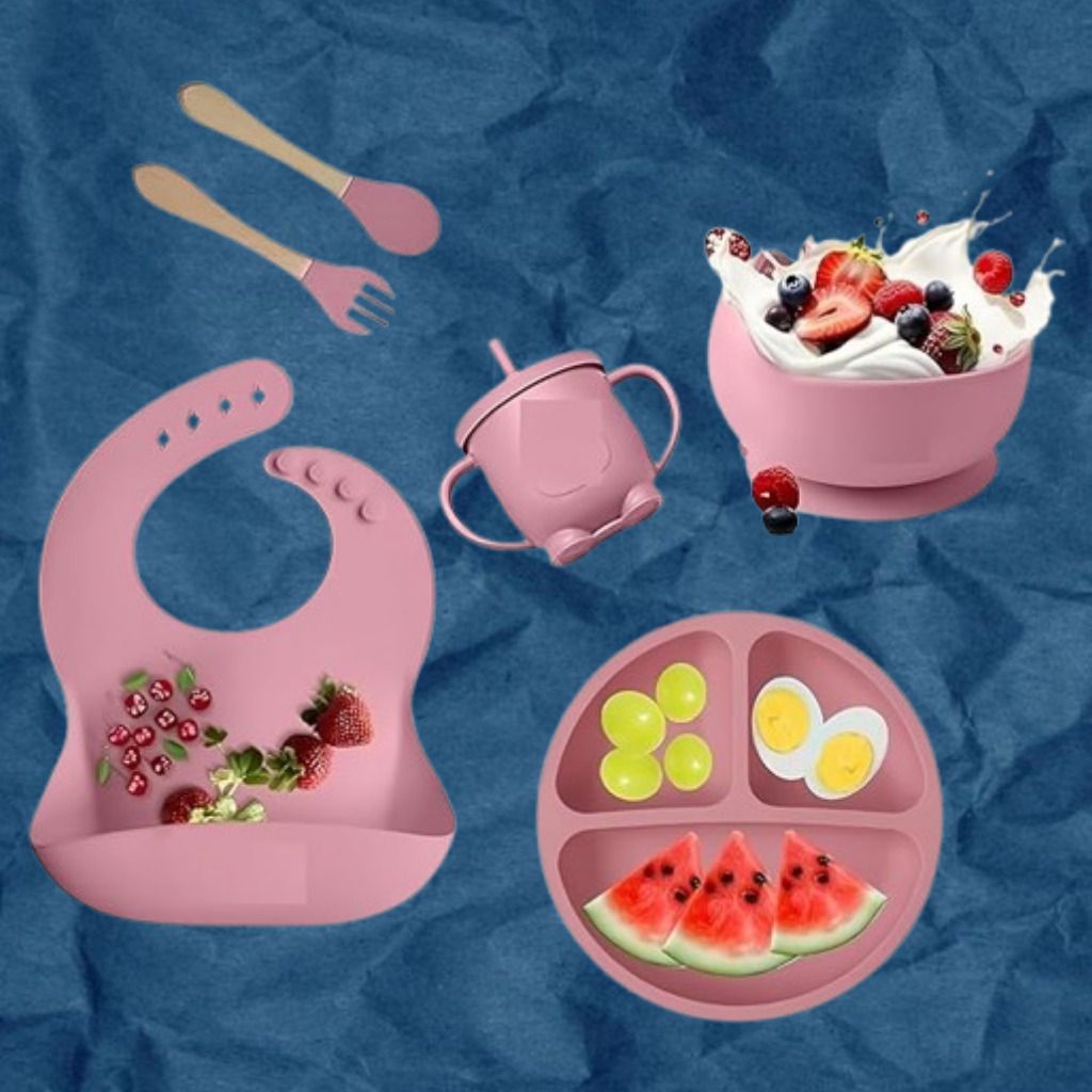 6pc_infant meal kit with spoon fork bowl plate and bib - silicone