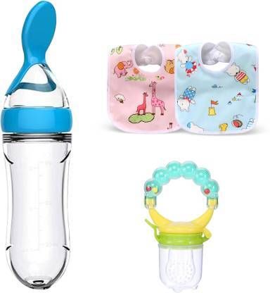 Silicone Baby Food Feeding Bottle 2 Bibs & fruit feeder with rattle- Silicone-image-21