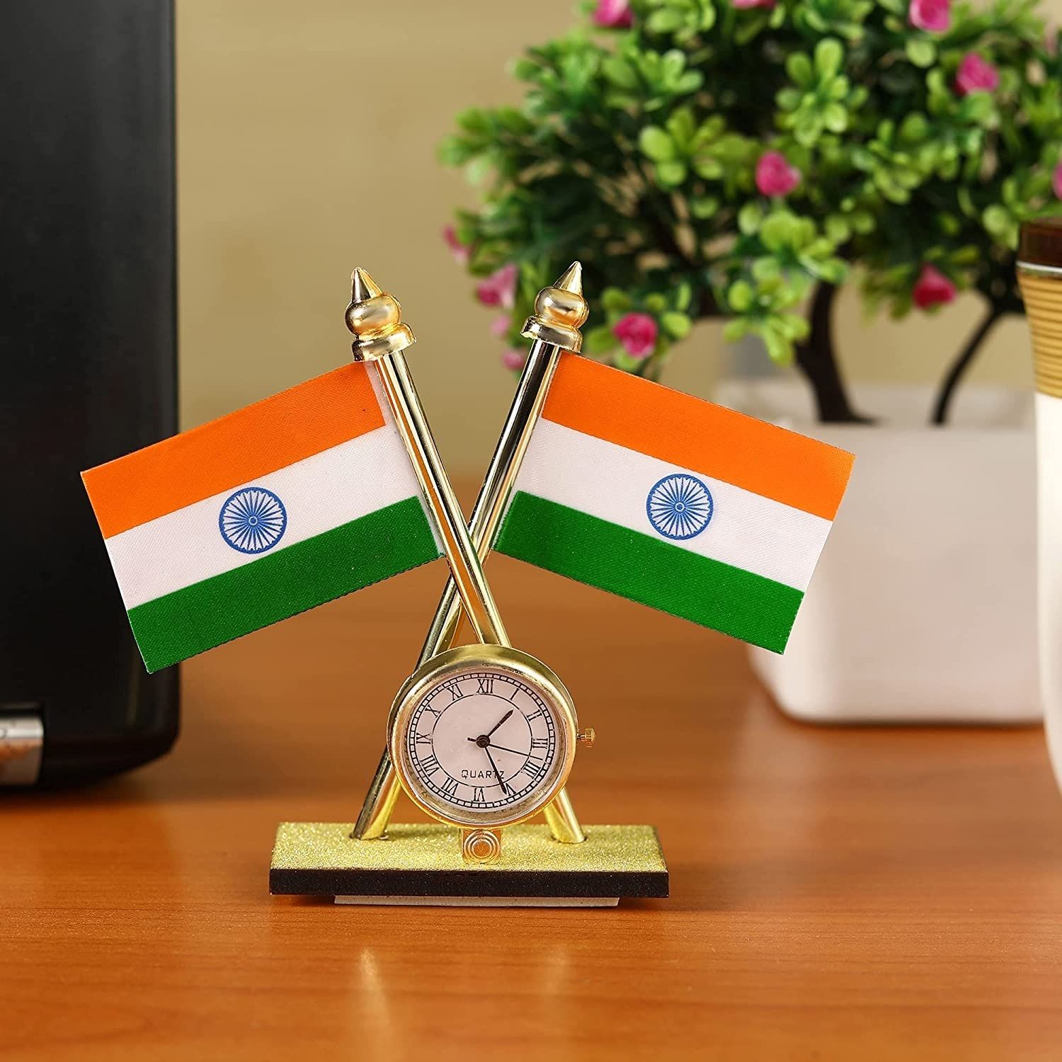 Indian Flag Car Dashboard Showpiece with Clock Table Decor for, Office & Home Rectangle Car Dashboard Flag-image-27