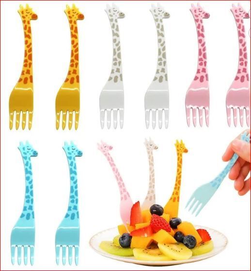 homfel Giraffe Fruit Fork Set 8 PCS | Reusable Plastic Salad & Cake Forks for Kids Plastic Fruit Fork, Salad Fork-picture-7