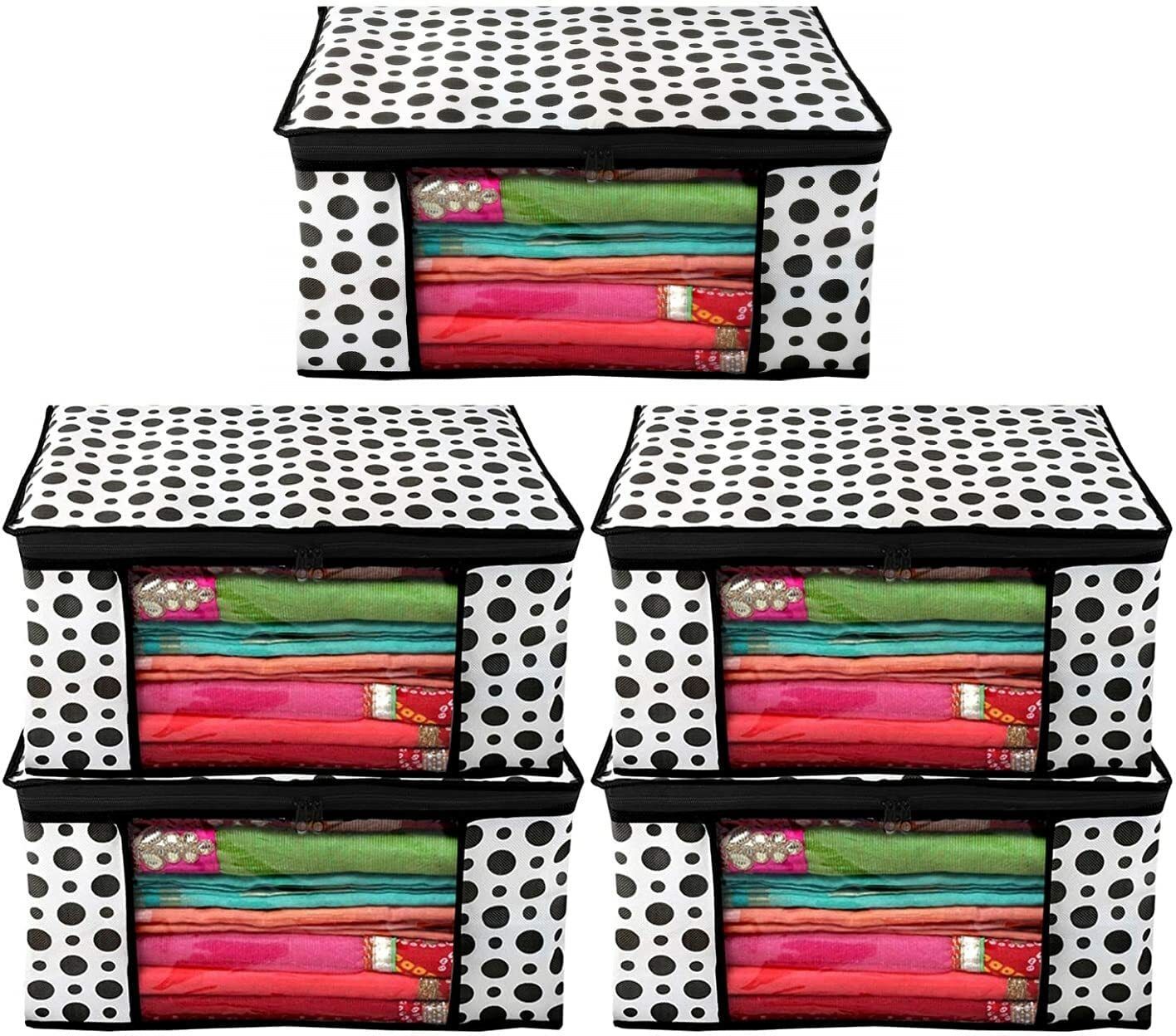 Nylon 5 Piece Non Woven Fabric Saree Cover/ Clothes Organiser (Black & White) Storage Basket