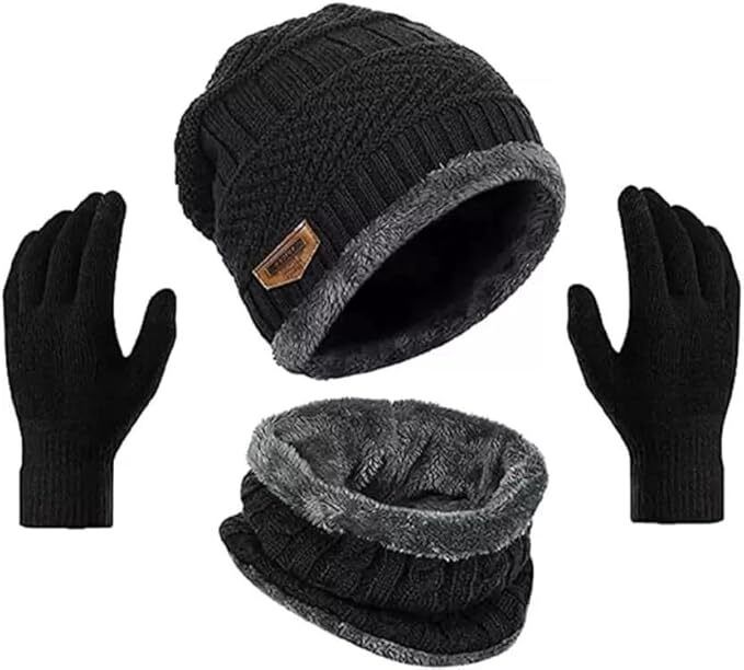 ® 3 PICS Beanie Hat Woolen Winter Cap with Neck Mufler & Hand Gloves Riding Gloves-image-9