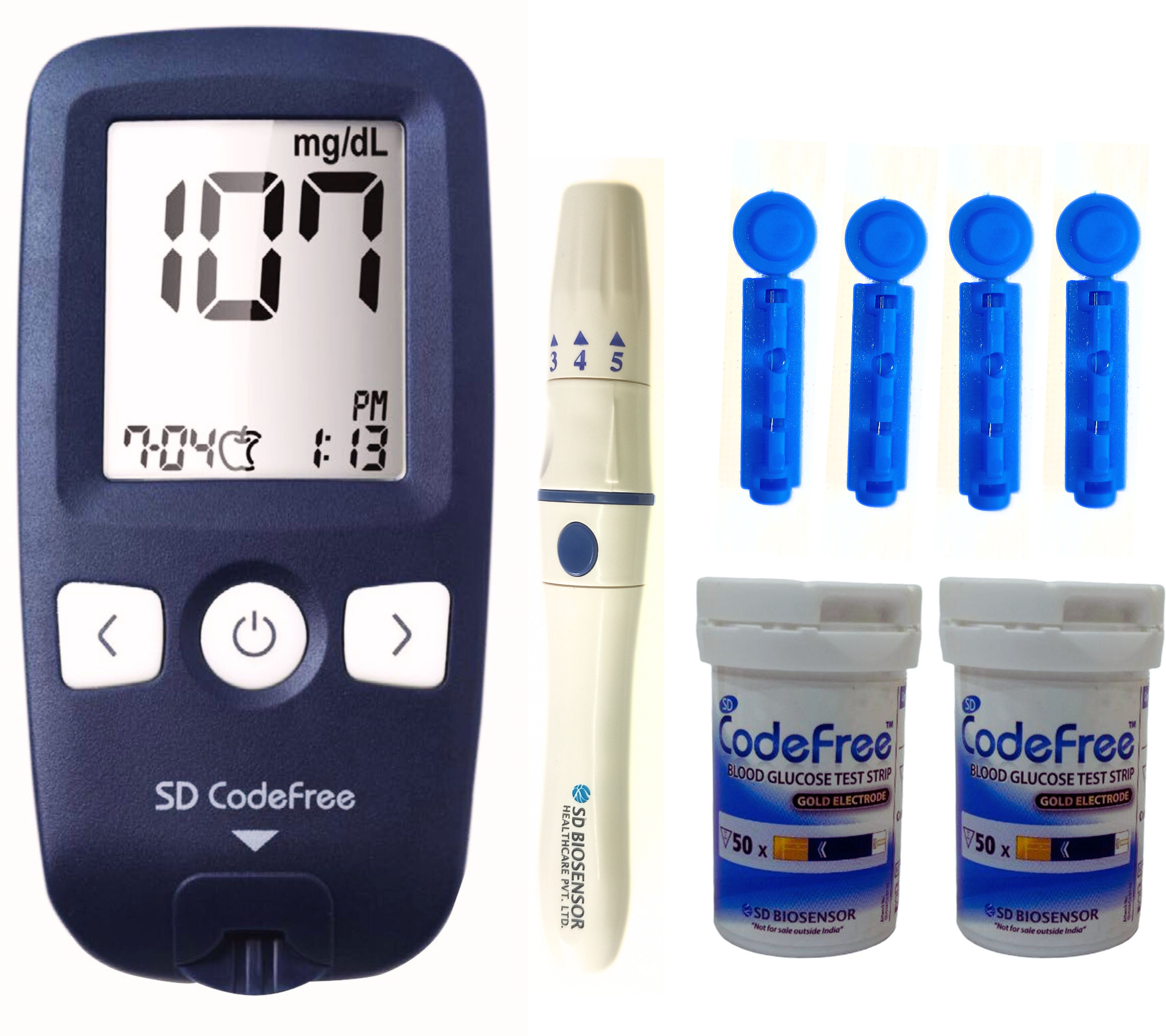 Blood Glucose Machine with 100 Strips 100 Round Lancet & Lancing Device Glucometer