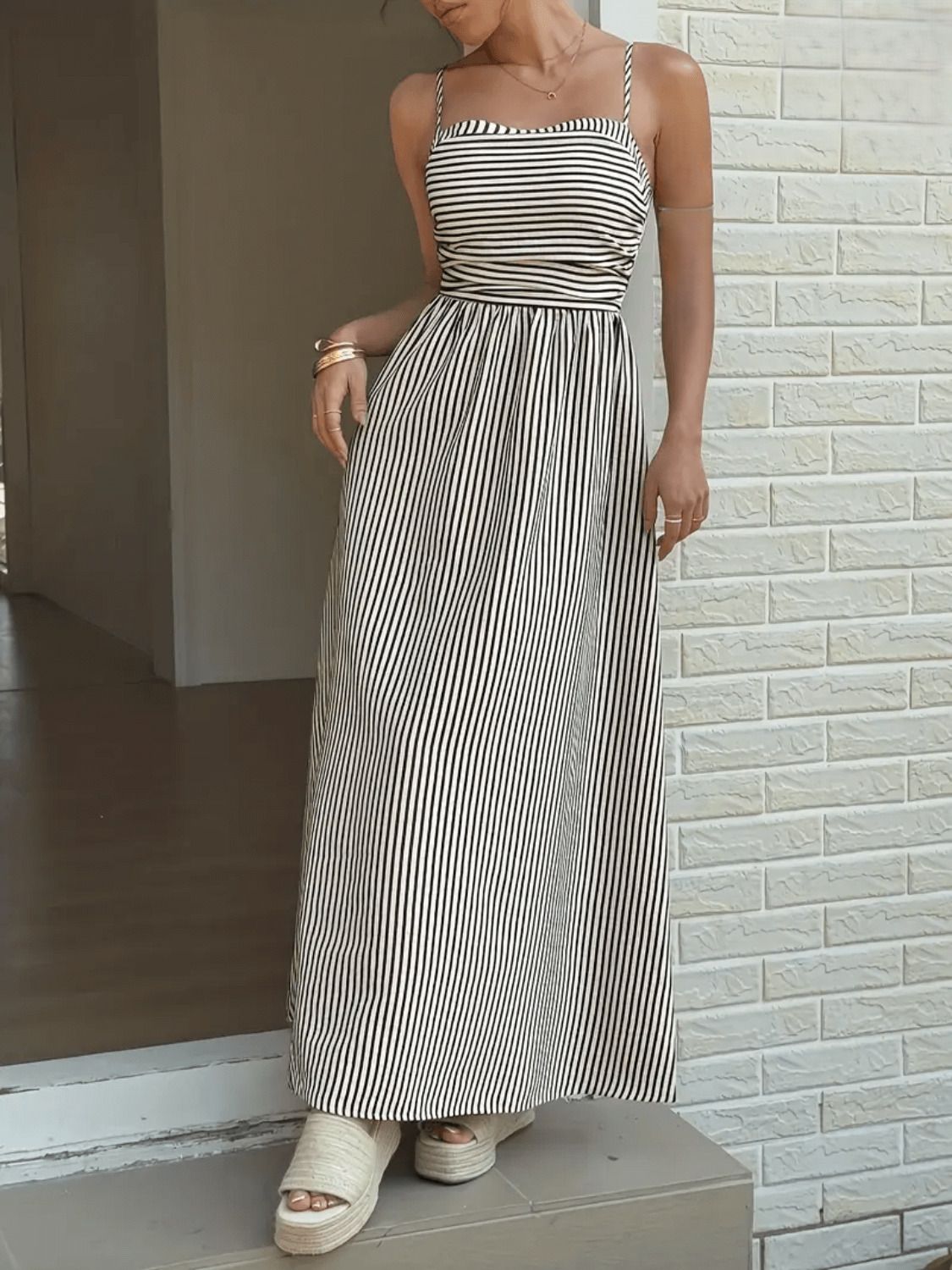 Striped Cotton Blend Stitched Flared/A-line Gown