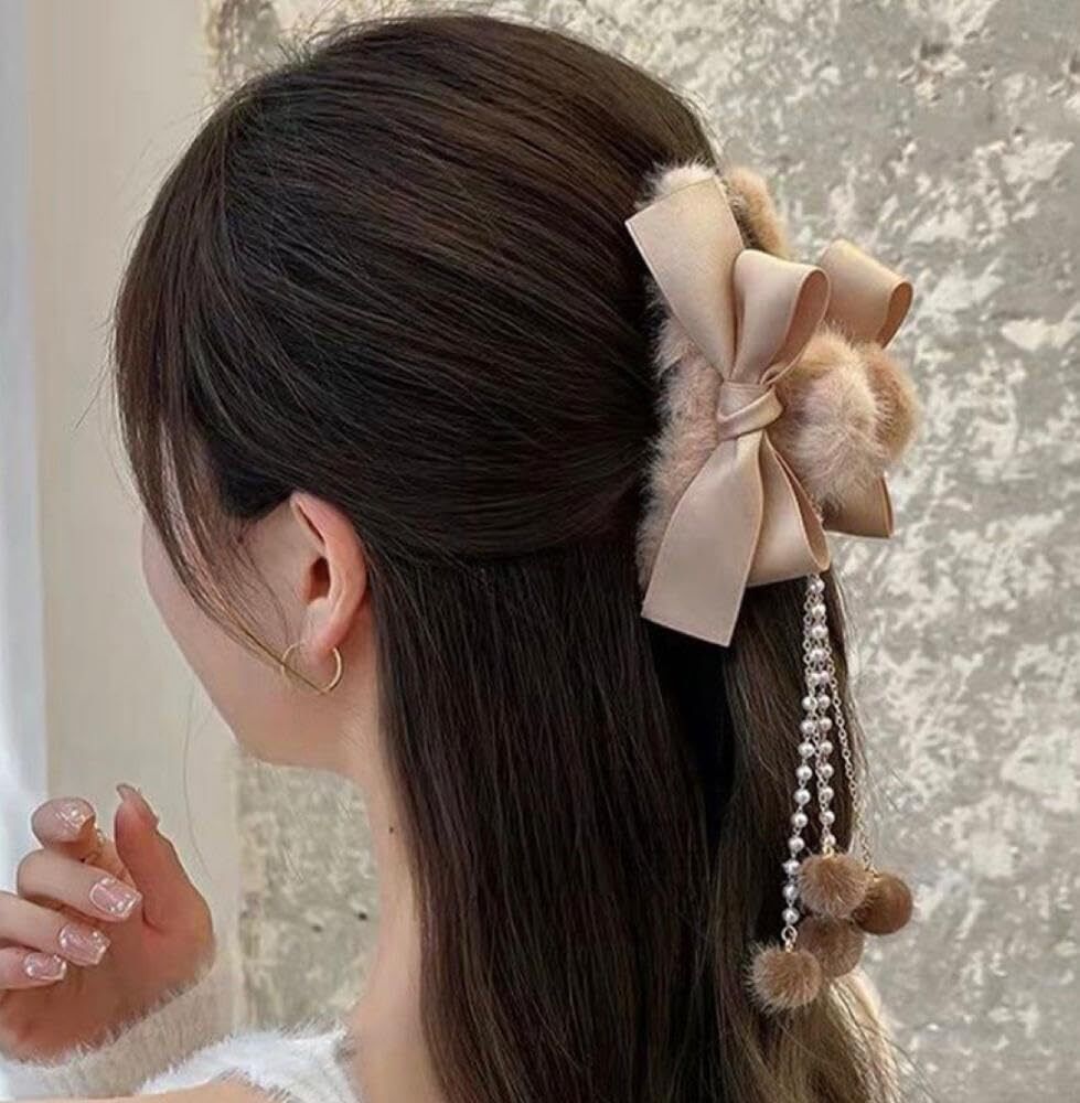 glitchez Elegant Faux Fur Bow Hair Clutcher with Pearl Tassel for Women & Girls Hair Clip-picture-33