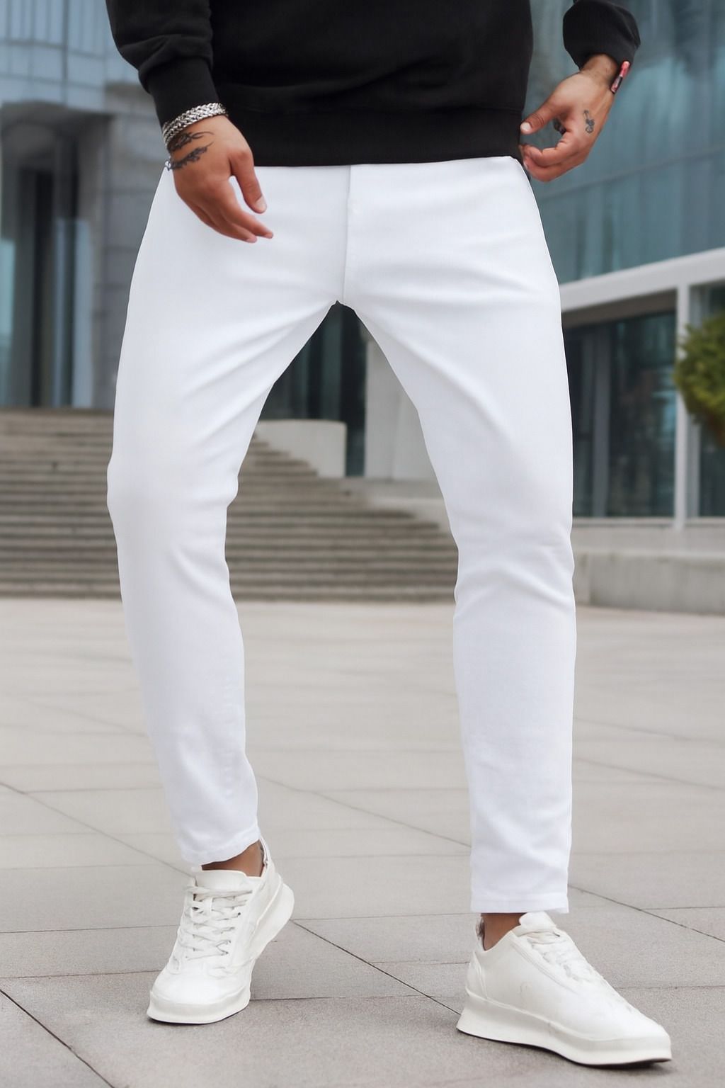 Men Slim Mid Rise White Jeans