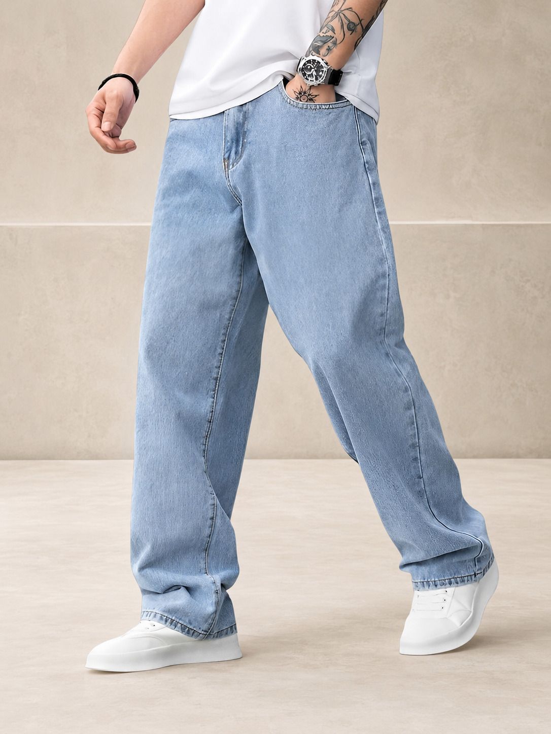 fadevielle Men Relaxed Fit Mid Rise Light Blue Jeans-picture-11