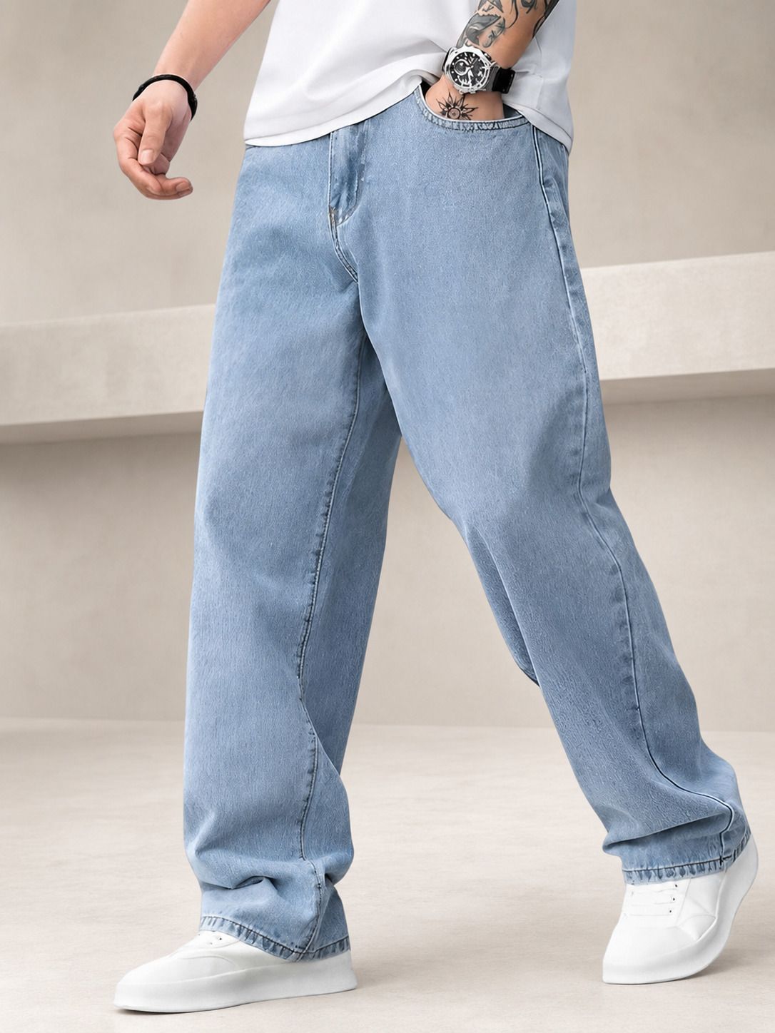 fadevielle Men Relaxed Fit Mid Rise Light Blue Jeans-picture-14