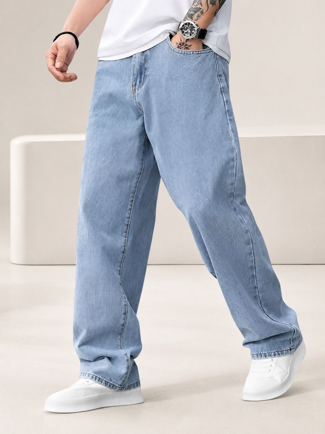 fadevielle Men Relaxed Fit Mid Rise Light Blue Jeans-picture-12