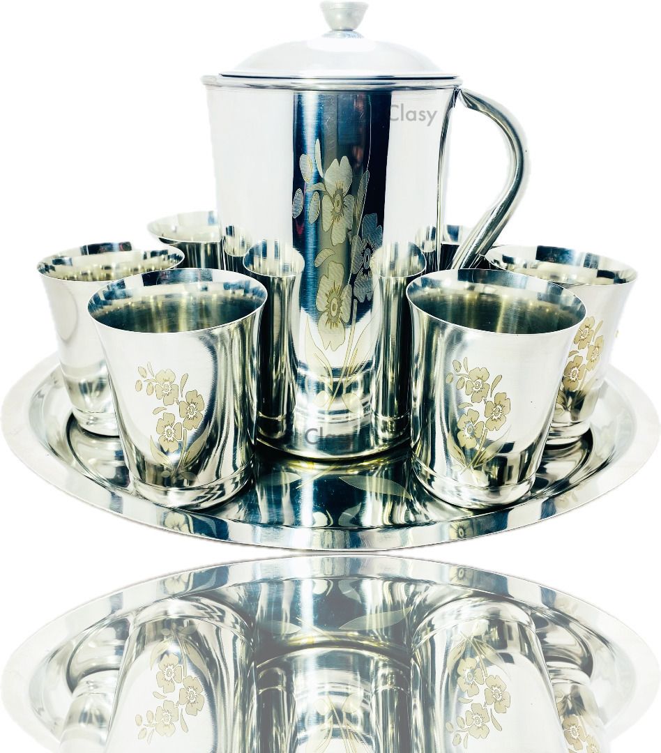 CLASY Jug (6) Glass Tray Set Laser printed Pack of 8 Jug Glass Tray Set-image-20