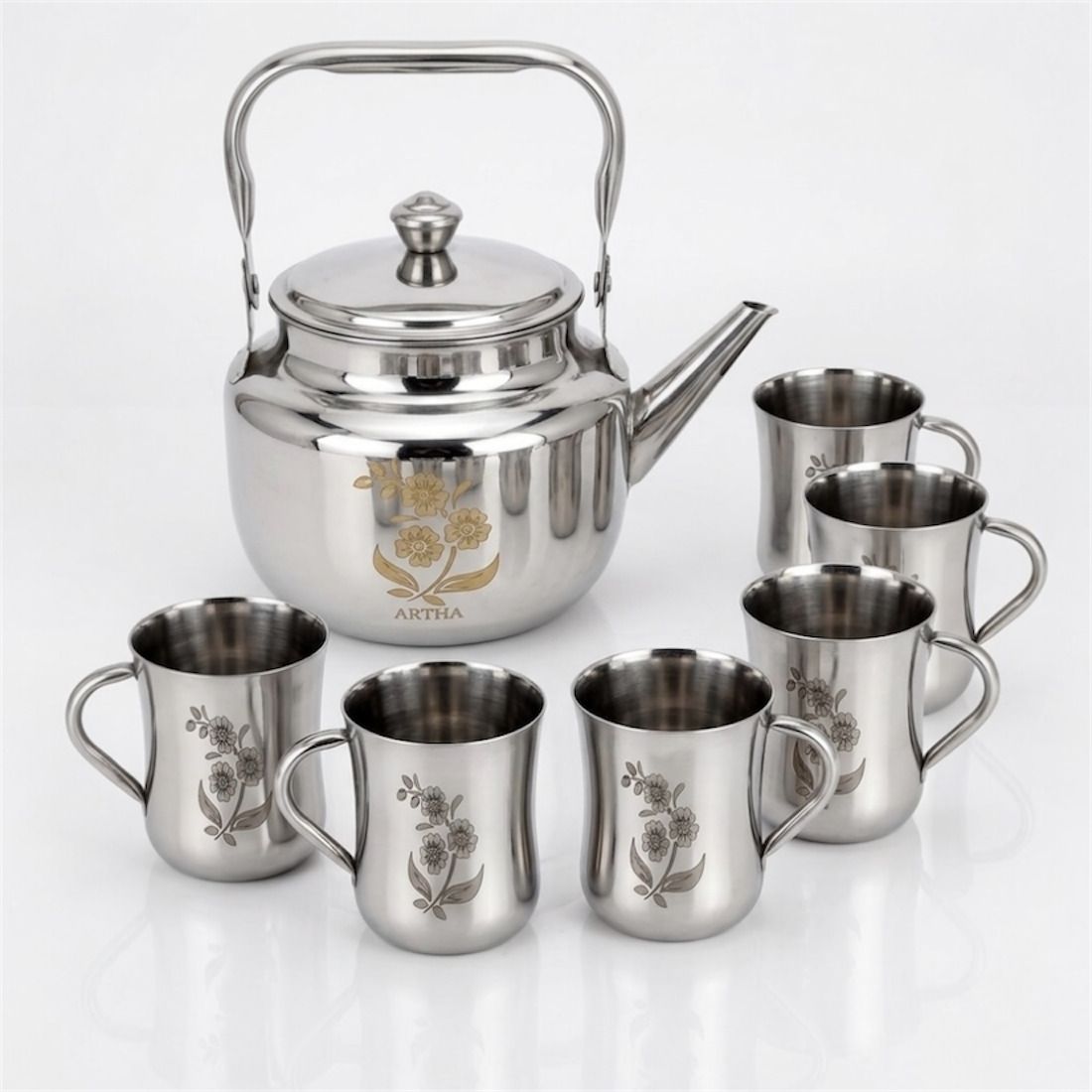 Artha 1.25 Litre S.Steel Tea Kettle With 6 Pieces Of Cups 250 Ml Each Mirror Polished & Laser Printed Kettle Cup Set of 7 Jug Glass Set-image-13