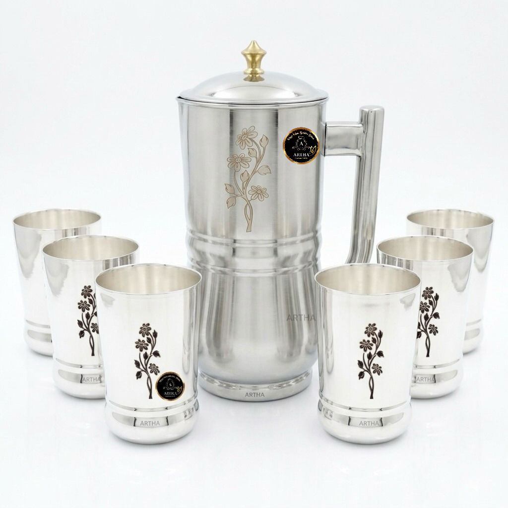 Fancy Jug Glass Set With Brass Knob On Jug Top Mirror Polished and Laser Printed Jug Glass Set-image-10