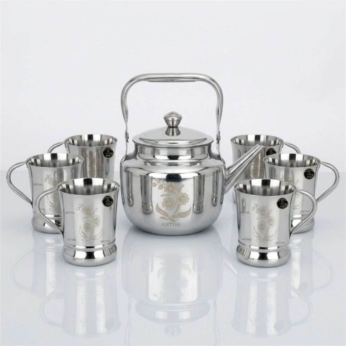 Artha 1.25 Litre Stainless Steel Tea Kettle With 6 Pieces Of Cups 250 Ml Each Mirror Polished And Laser Printed Kettle Cup Set Pack of 7 Jug Glass Set-image-9