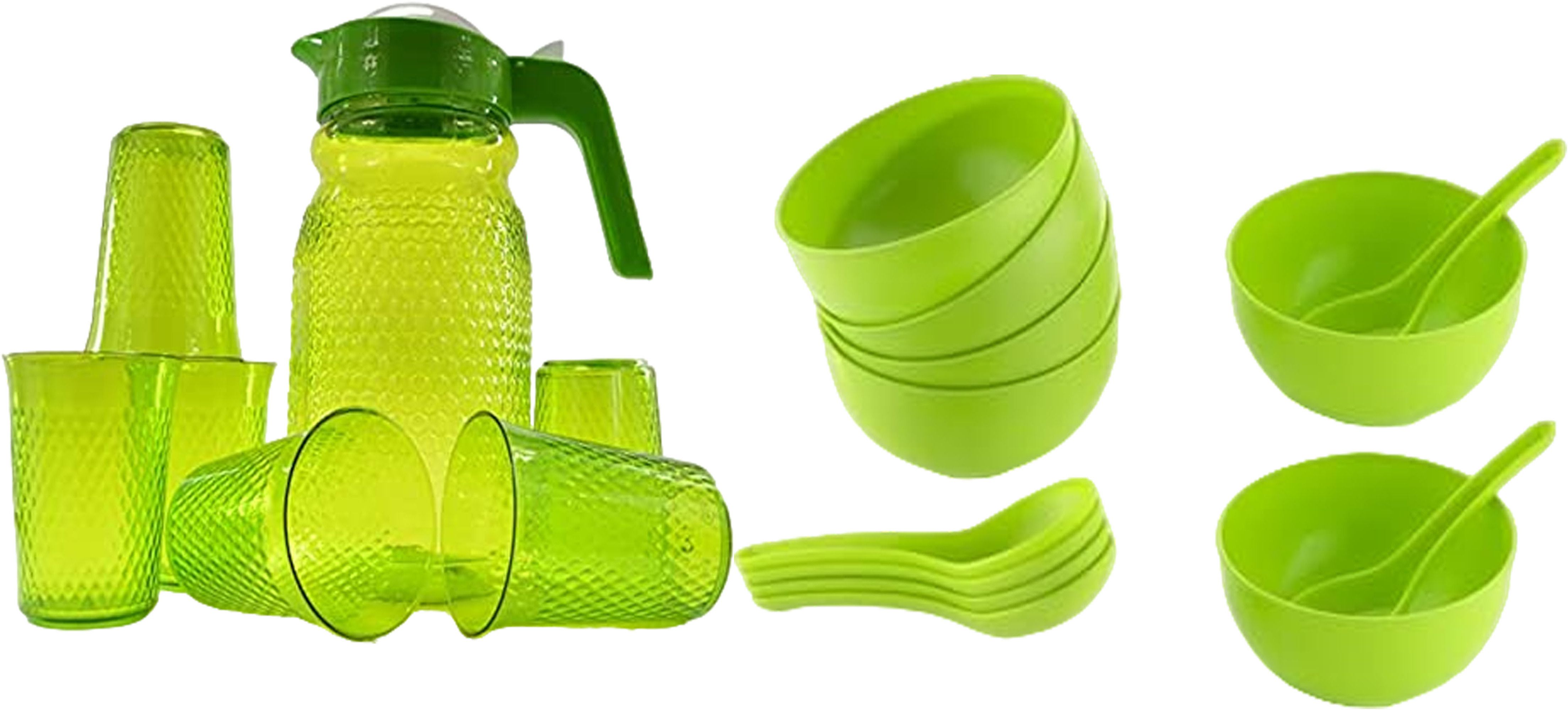 X PODS Plastic Water 1 Jug & 6 Glass 6 Bowl With 6 Spoon Combo Set fning Table, Sor Dierving Glass for Juice Jug Glass Set OF 19 PS Jug Glass Set-image-38