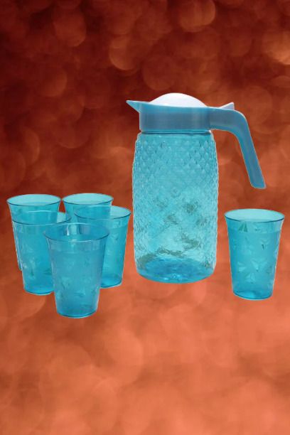 2 lt Plastic Water Jug with Lid & Handle and 6 Pcs Serving Glass Set Combo/A4 Jug Glass Set