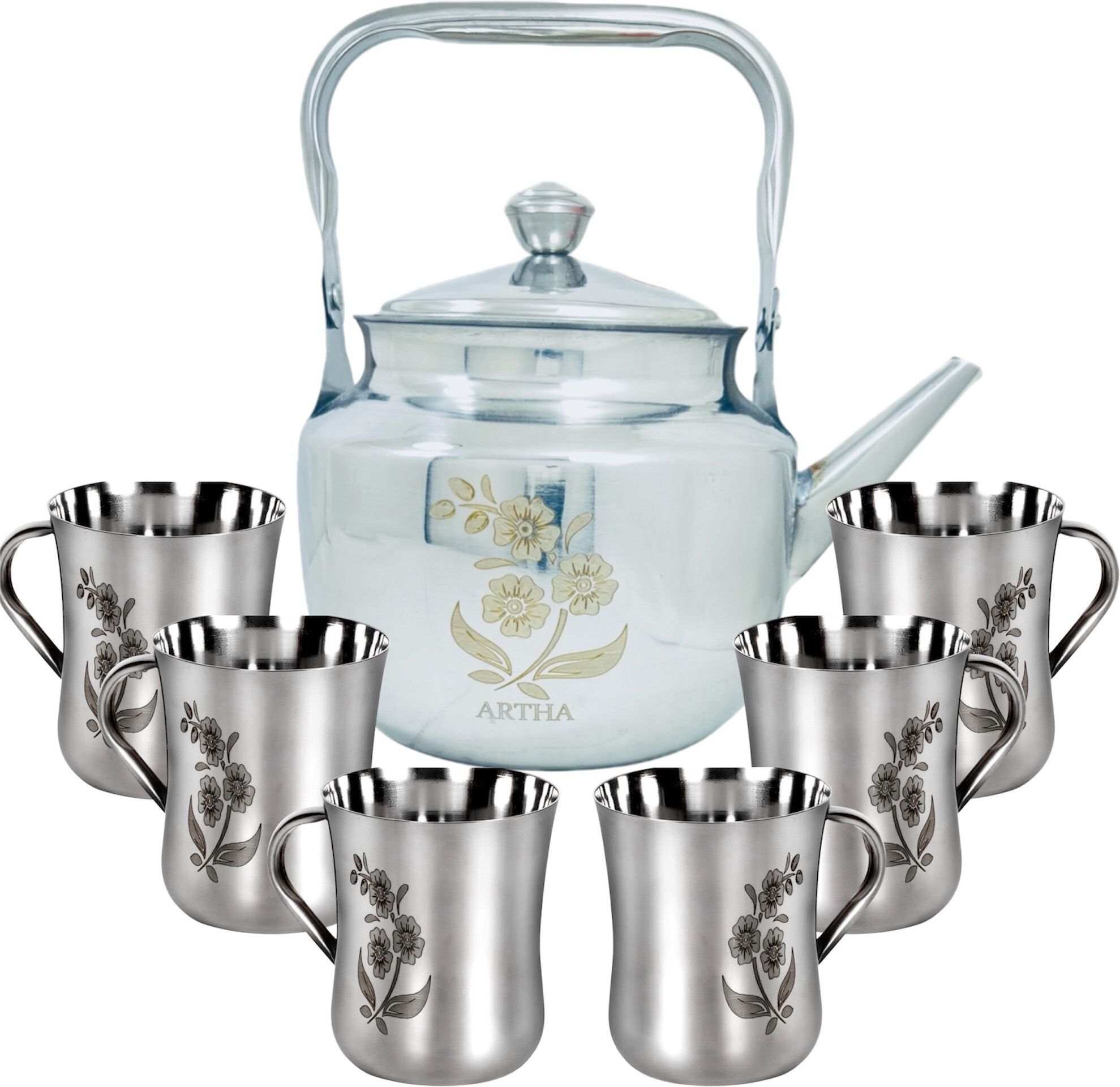 ARTHA Kettle Cup Set Pack Of 7 With Matching Laser Printing Desing Include 1 Kettle of 1 Ltr And 6 Cups 200 Ml Each Durable And MIrror Polished Cup And Kettle Jug Glass Set-image-23