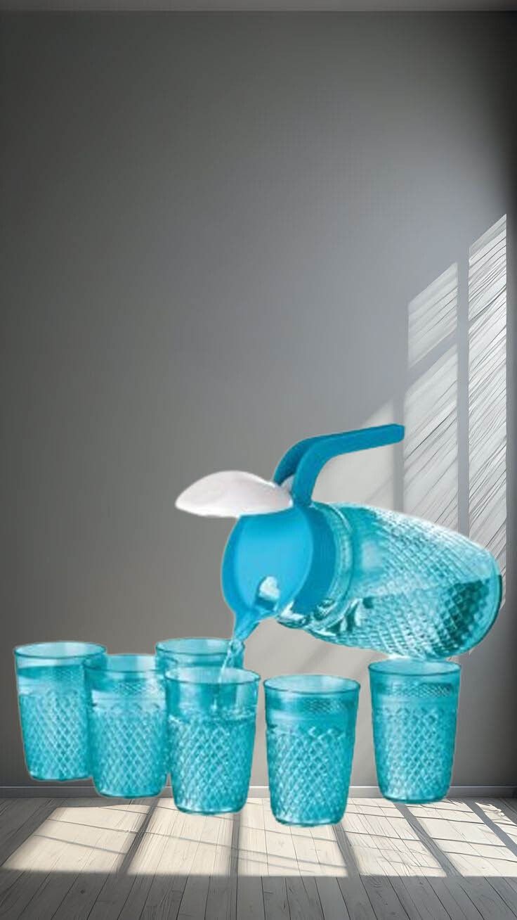2 lt Plastic Water Jug with Lid & Handle and 6 Pcs Serving Glass Set Combo A234 Jug Glass Set
