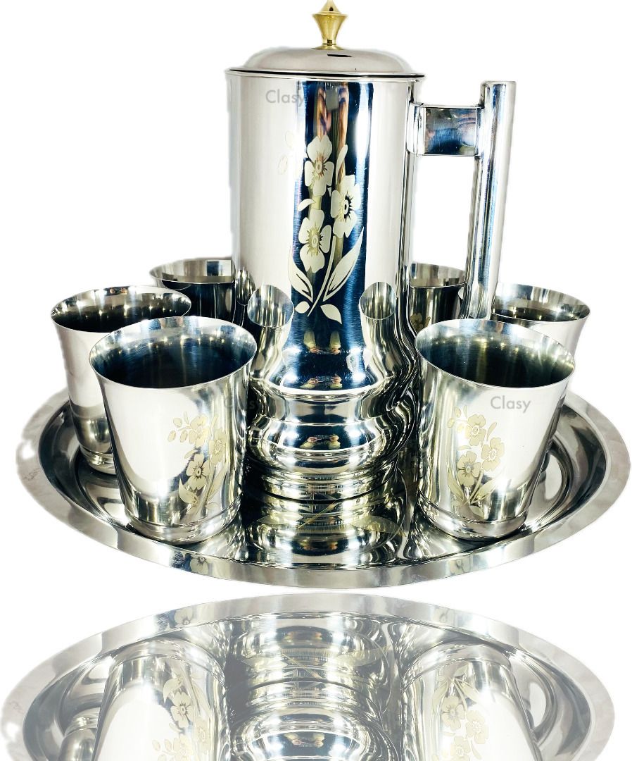 CLASY Fancy Jug Glass Tray Set Laser Printed Mirror Finish Pack Of 8 Jug Glass Tray Set-image-18