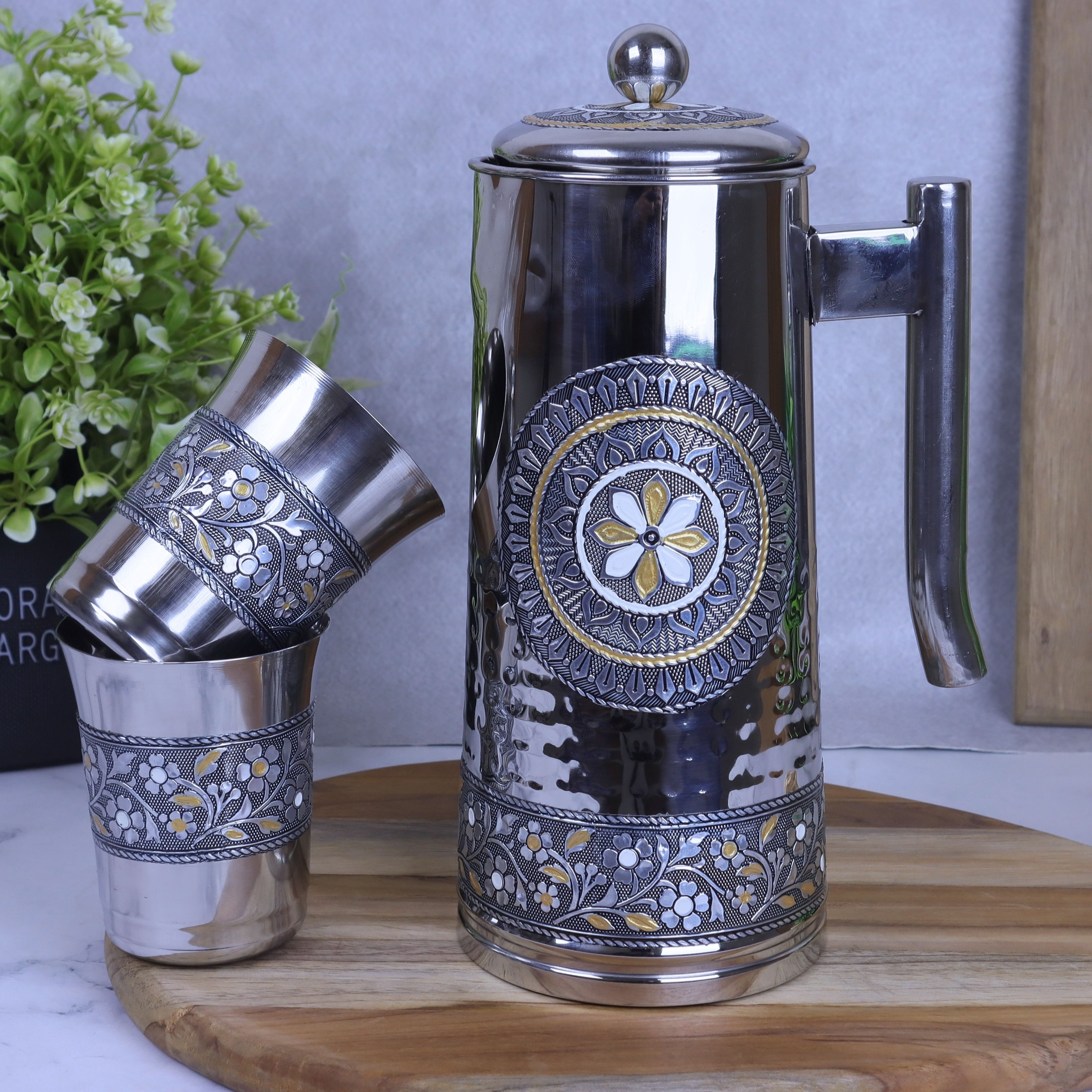 NAVRANG Jug Glass Set Stainless Steel Meenakari Drinkware Serving Set Jug Glass Set-image-13