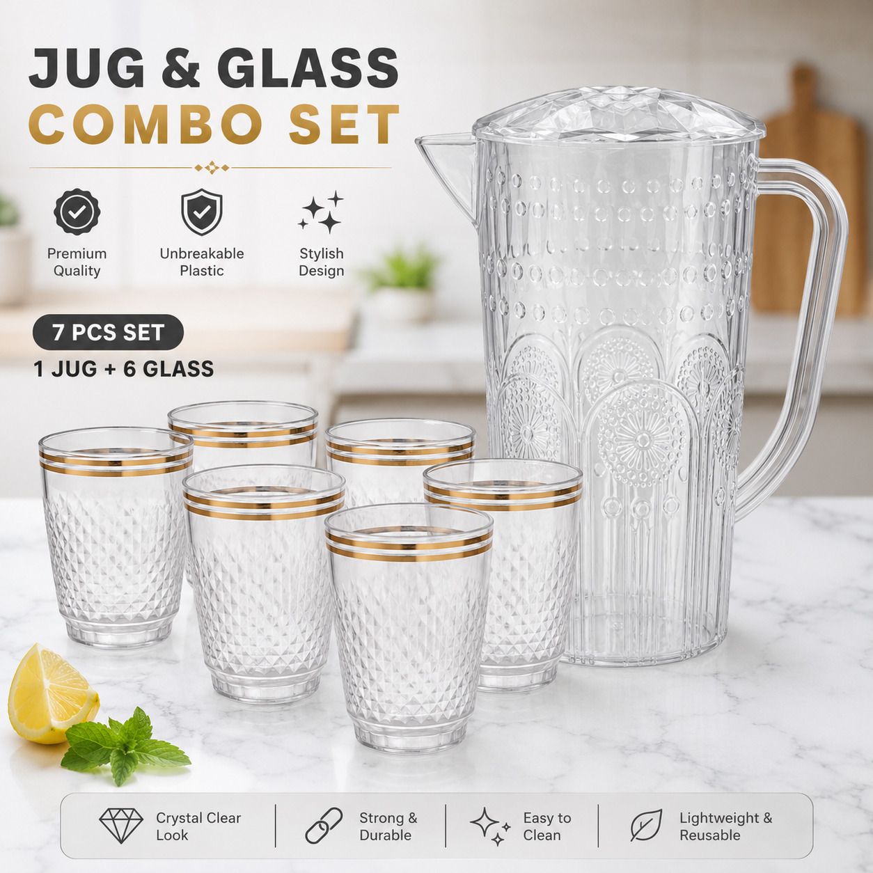 Diya Home Plastic Water Jug with 6 Glass Set | 7 Pcs Unbreakable Jug & Glass Combo Set | Stylish Water Serving Set for Home, Kitchen & Dining Jug Glass Set-image-44