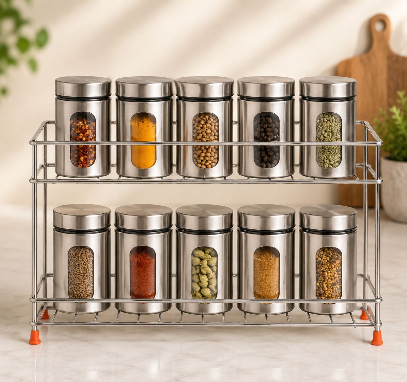 Containers Kitchen Rack Stainless Steel Masala Set Organizer| Condiment set Holder Steel-image-38