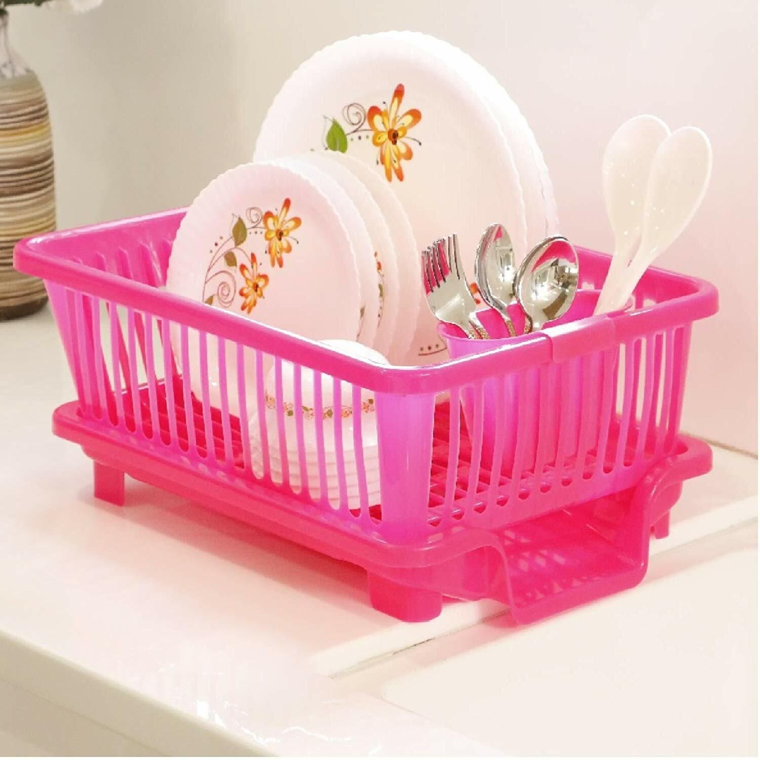 Dish Drainer Kitchen Rack 3 in 1 Large Sink Set Dish Rack Drainer Drying Rack (PINK) Plastic-image-39