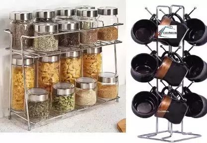 finearts Pack of 2 Stainless Steel Stainless Steel 2 Layer Spice Rack & Plate Stand | Modular Kitchen Storage Rack-picture-28