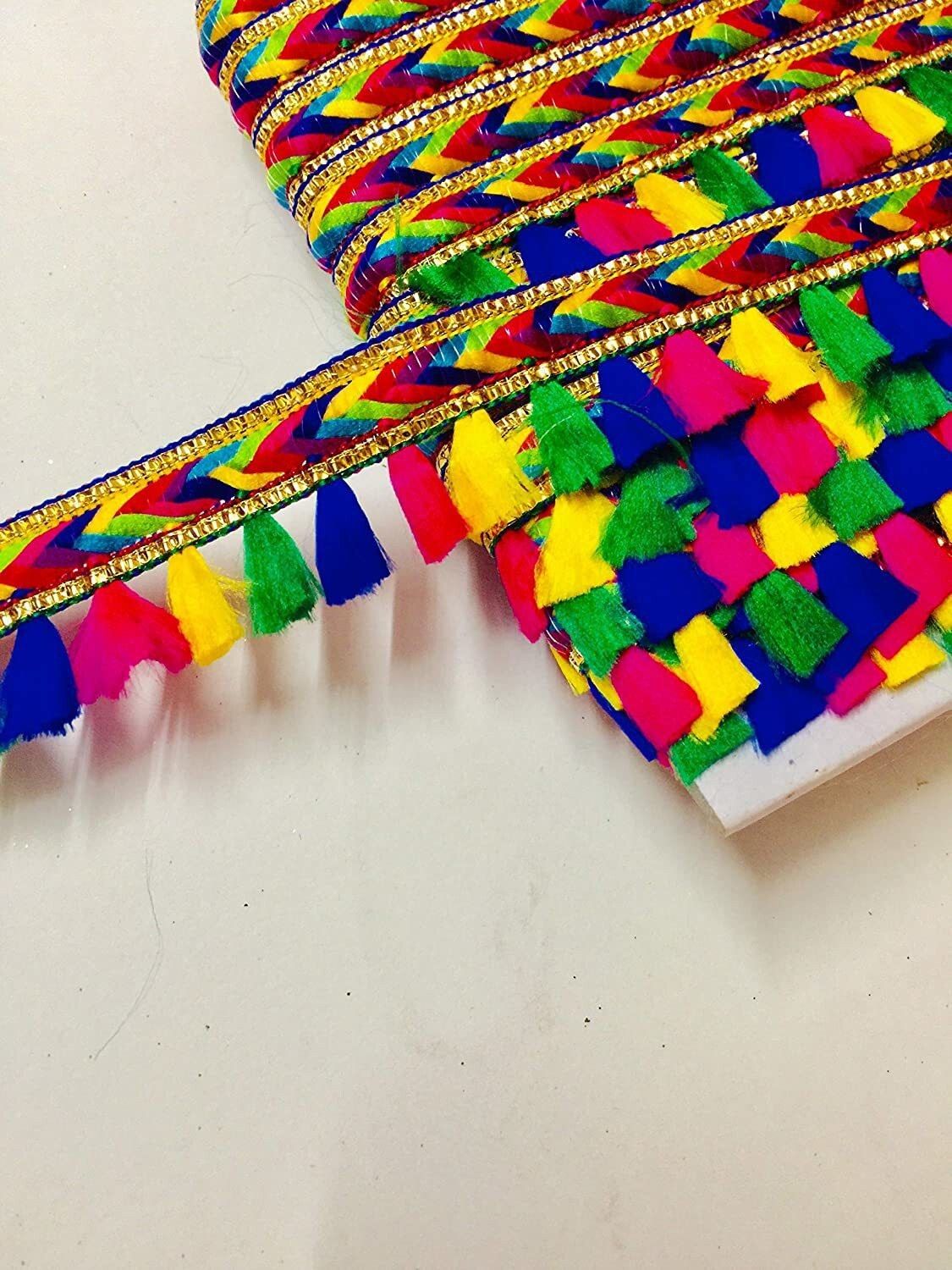 Tassels Jute Laces for Dresses, Sarees, Lehenga, Suits, Bags, Decorations, Borders, Craft (Multicolour) lace135 Lace Reel-image-3