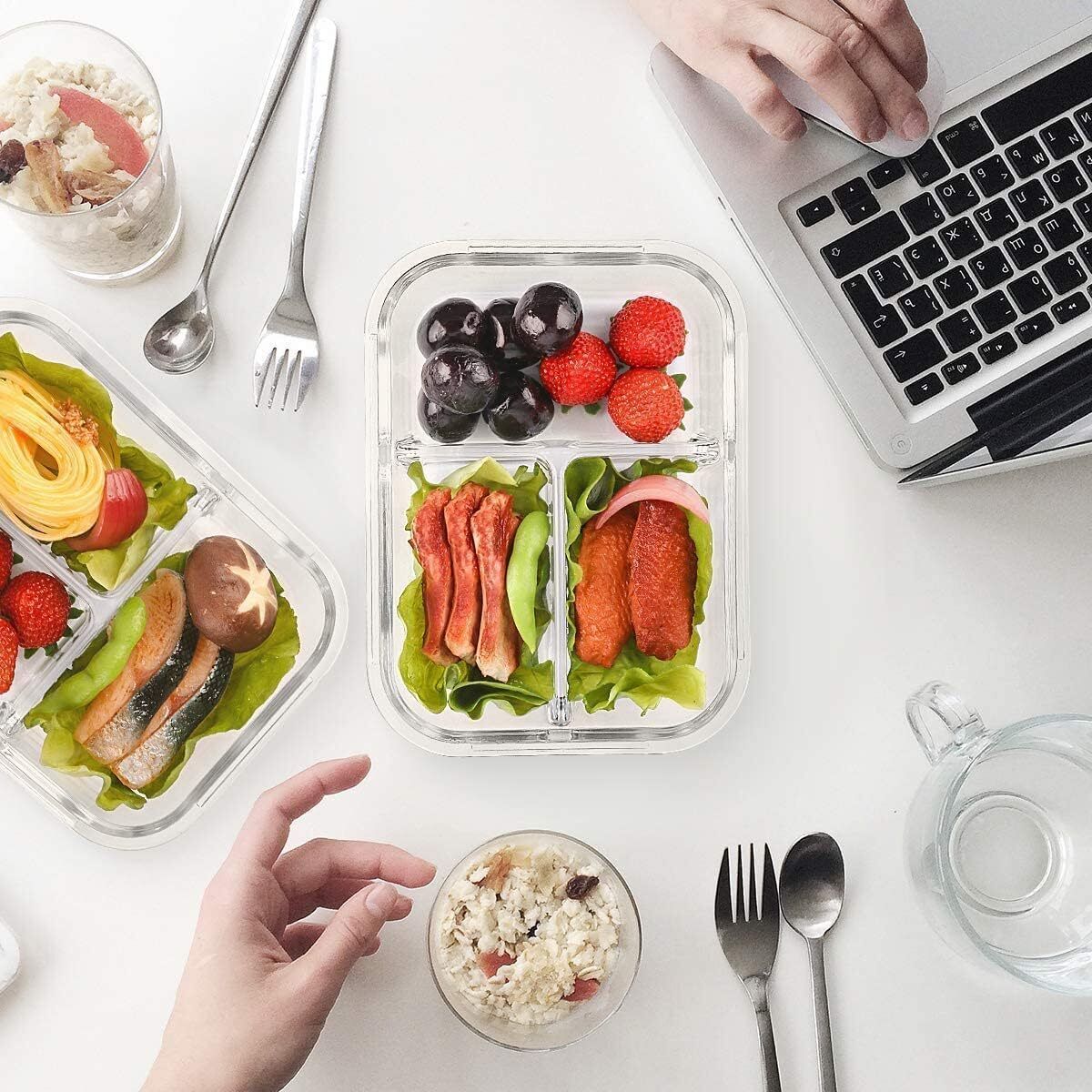 zennity 1000ml 3 Compartment Glass Lunch Box with Air Vent Lid & Locking Clamps 3 Containers Glass Office Lunch Box-picture-15