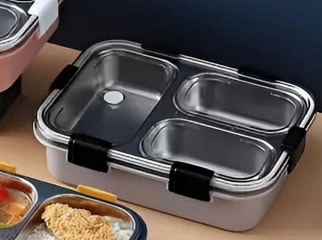 Stainless Steel 3 Compartment Lunch Box with Chopstick, Spoon, Lid Tiffin Box K0 3 Containers Stainless Steel College Lunch Box-image-4