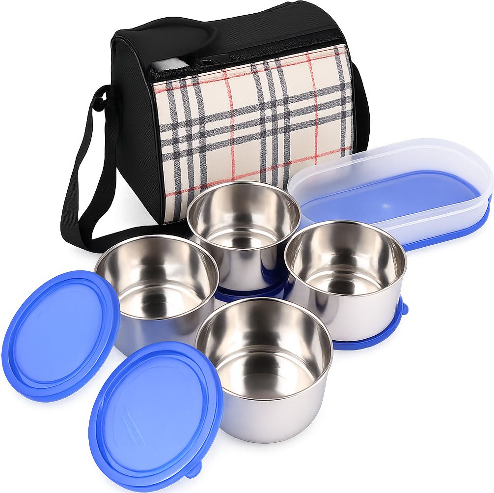 Stainless Steel Lunch Box with Bag | 4 Steel Containers & 1 Roti Box 5 Containers Stainless Steel, Plastic Office Lunch Box-image-34
