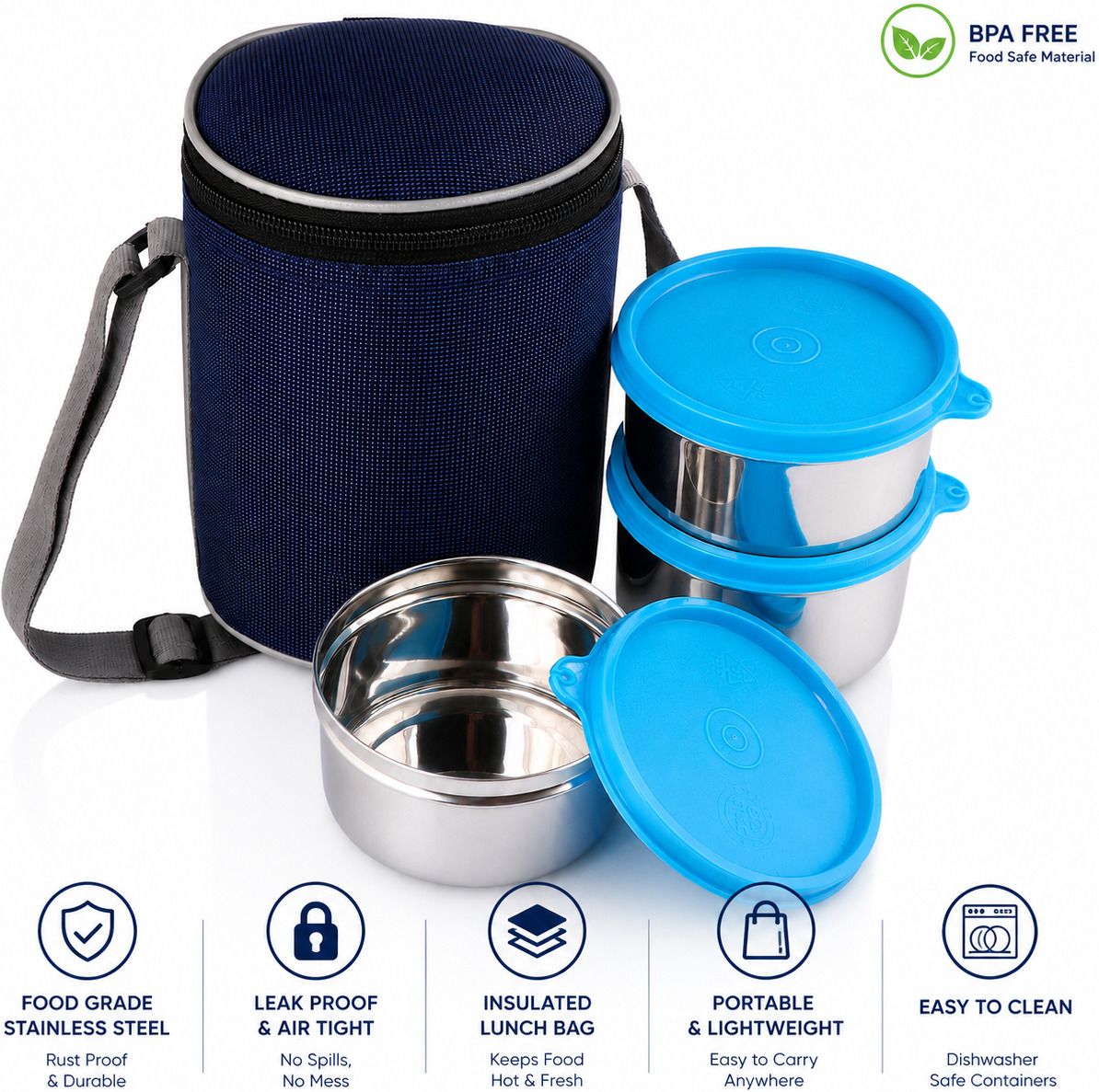 Stainless Steel Lunch Box with Insulated Bag | 3 Containers | Leak Resistant 3 Containers Stainless Steel Office Lunch Box-image-29