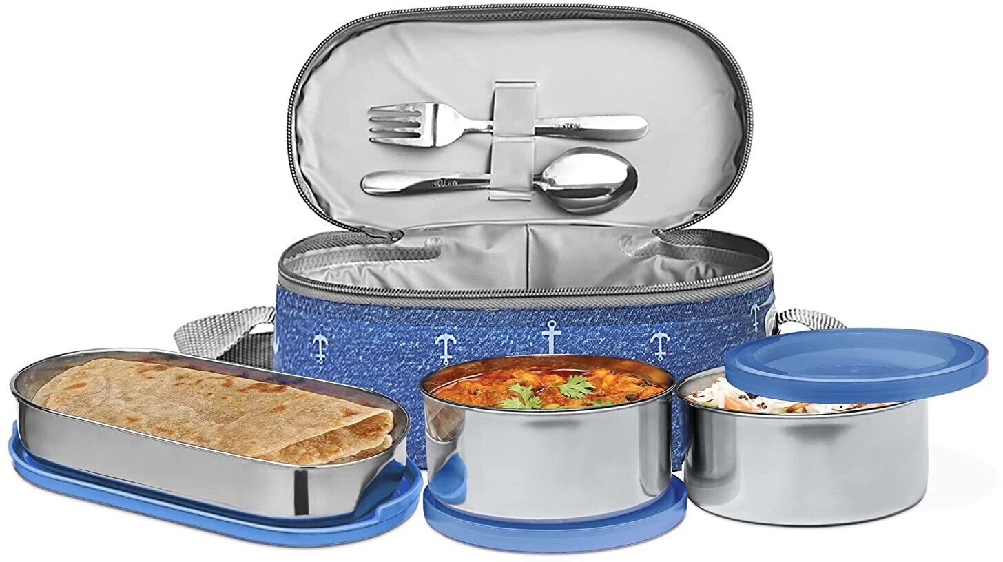 Corporate Stainless Steel ,(2 x 280 ml, 472 ml),Blue 3 Containers Lunch Box