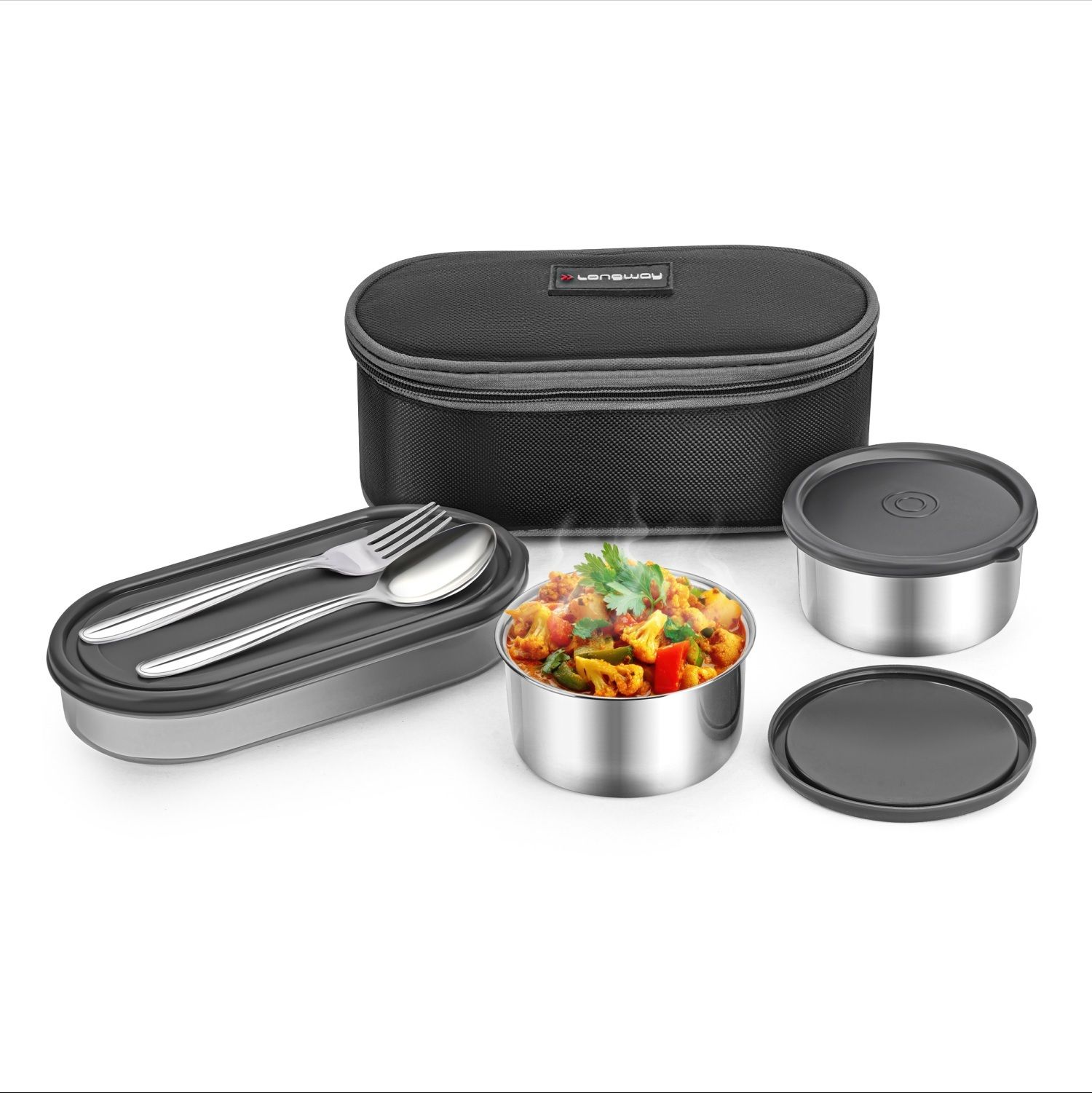 longway Craveo Stainless Steel Lunch Box with 2 Round 300ml Each & 1 Oval 500ml 3 Containers Stainless Steel, Plastic Office Lunch Box-picture-10