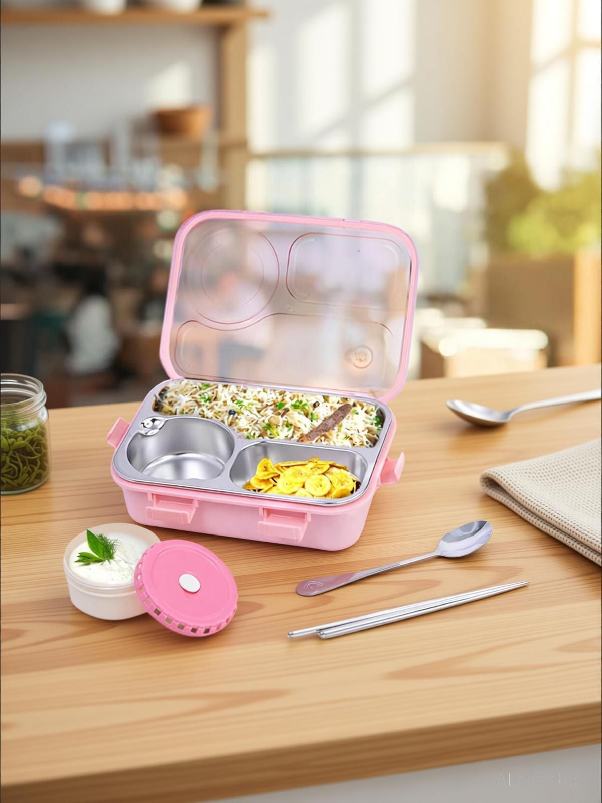 rbgiit Stainless Steel Lunch Box with Soup Bowl Utensils Ideal for Kids Eco-Friendly K1 3 Containers Stainless Steel Office Lunch Box-picture-26