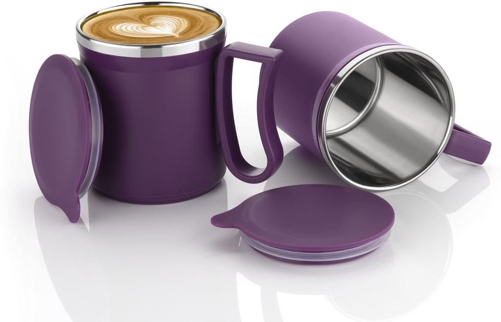 Stainless Steel Coffee with Lid (300 ml) (Pack of 2) (Maroon) Stainless Steel Coffee Mug