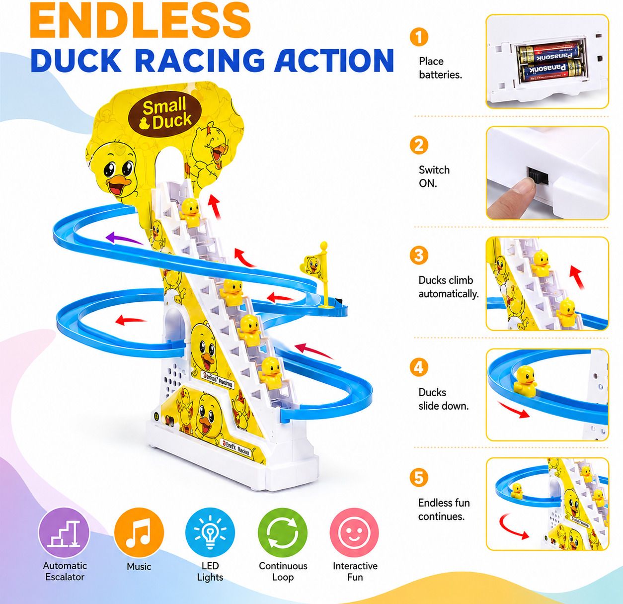 kidsdreams Battery Operated Duck Climbing Stairs Track Toy with Sliding Duck Set-picture-31