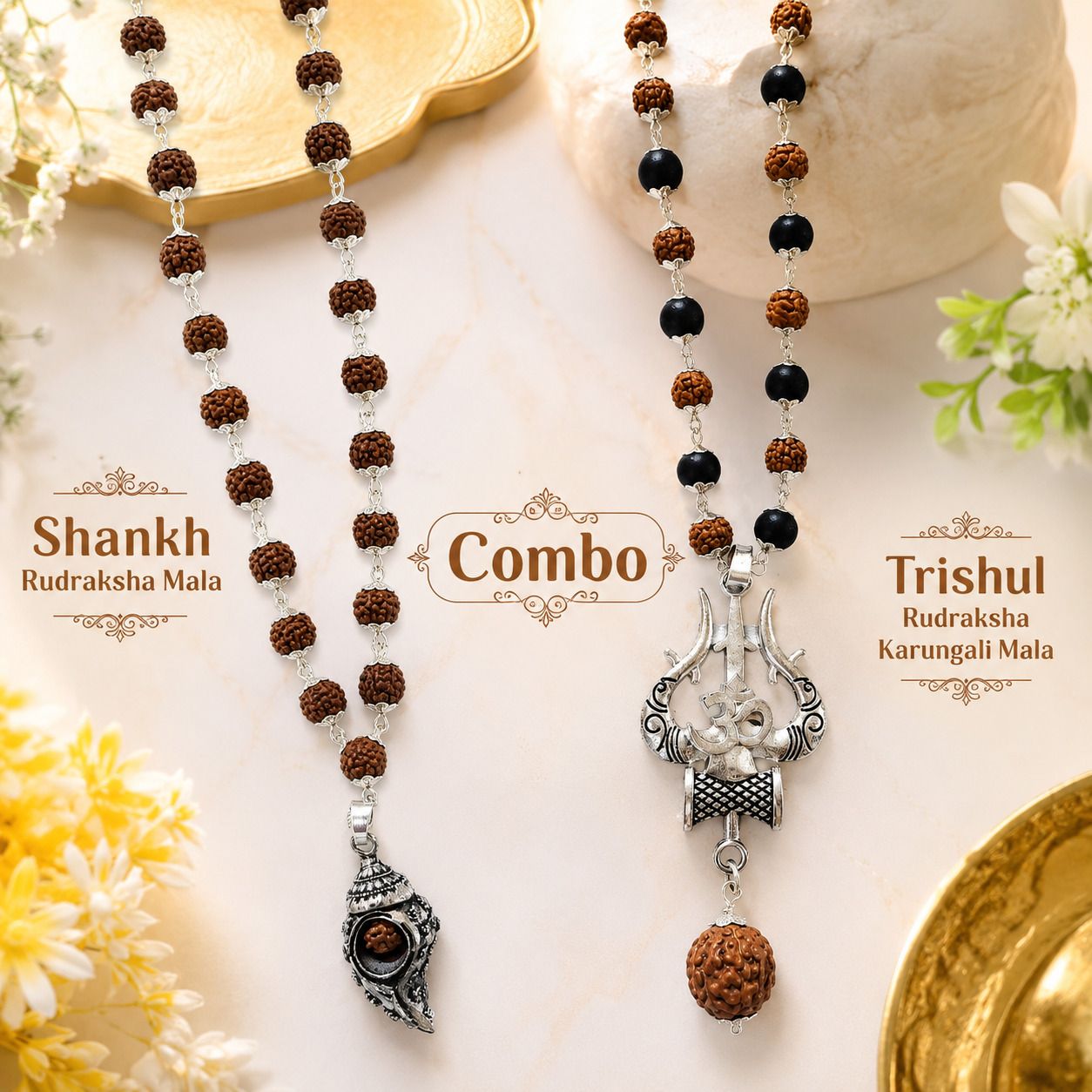 Premium Shankh Rudraksha Mala & Shiv Trishul Karungali Mala Divine Combo Wood Necklace Set-image-29