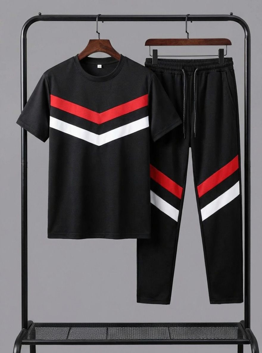 Men Night Suit Set Red Self Design