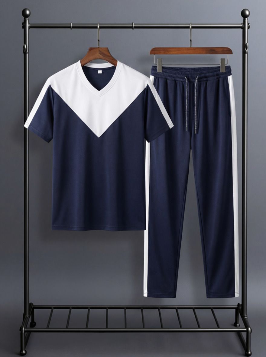 Men Night Suit Set Blue Self Design