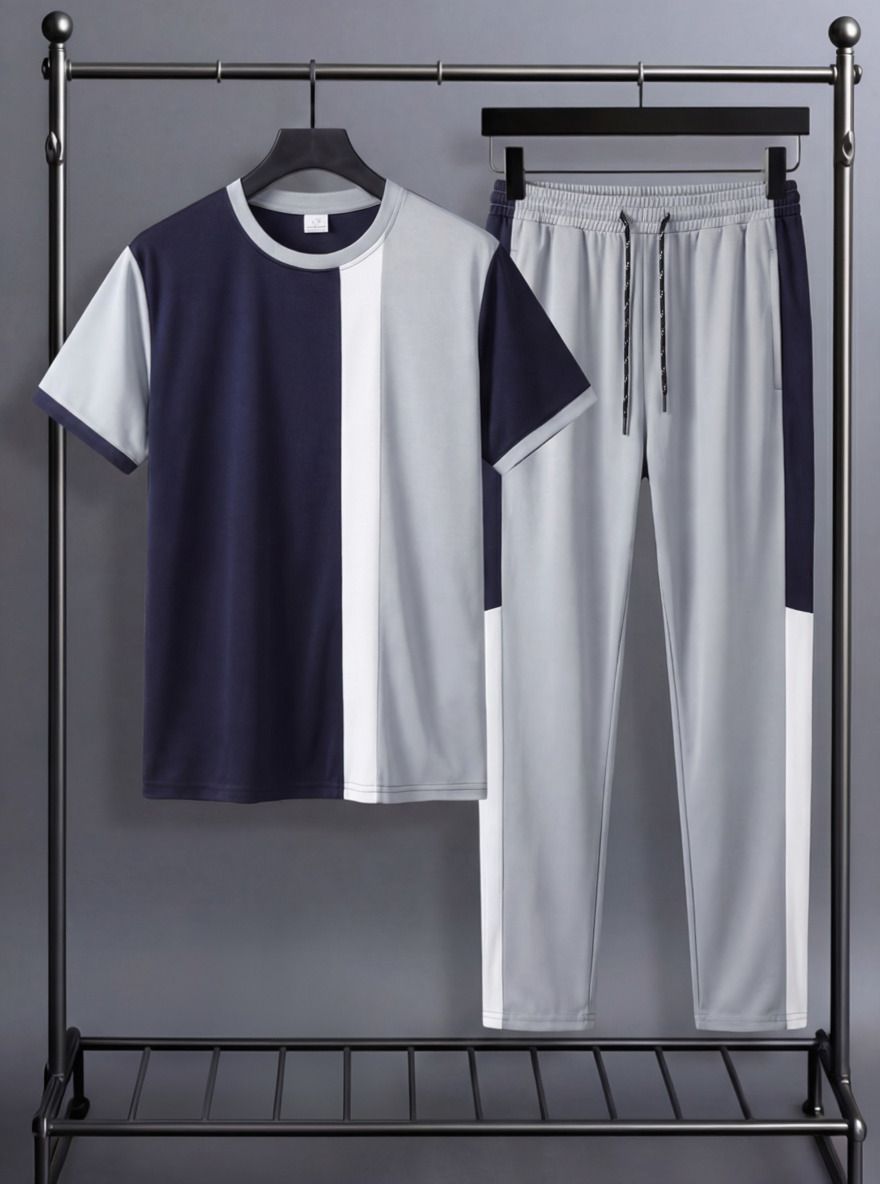 Men Night Suit Set Grey Colorblock