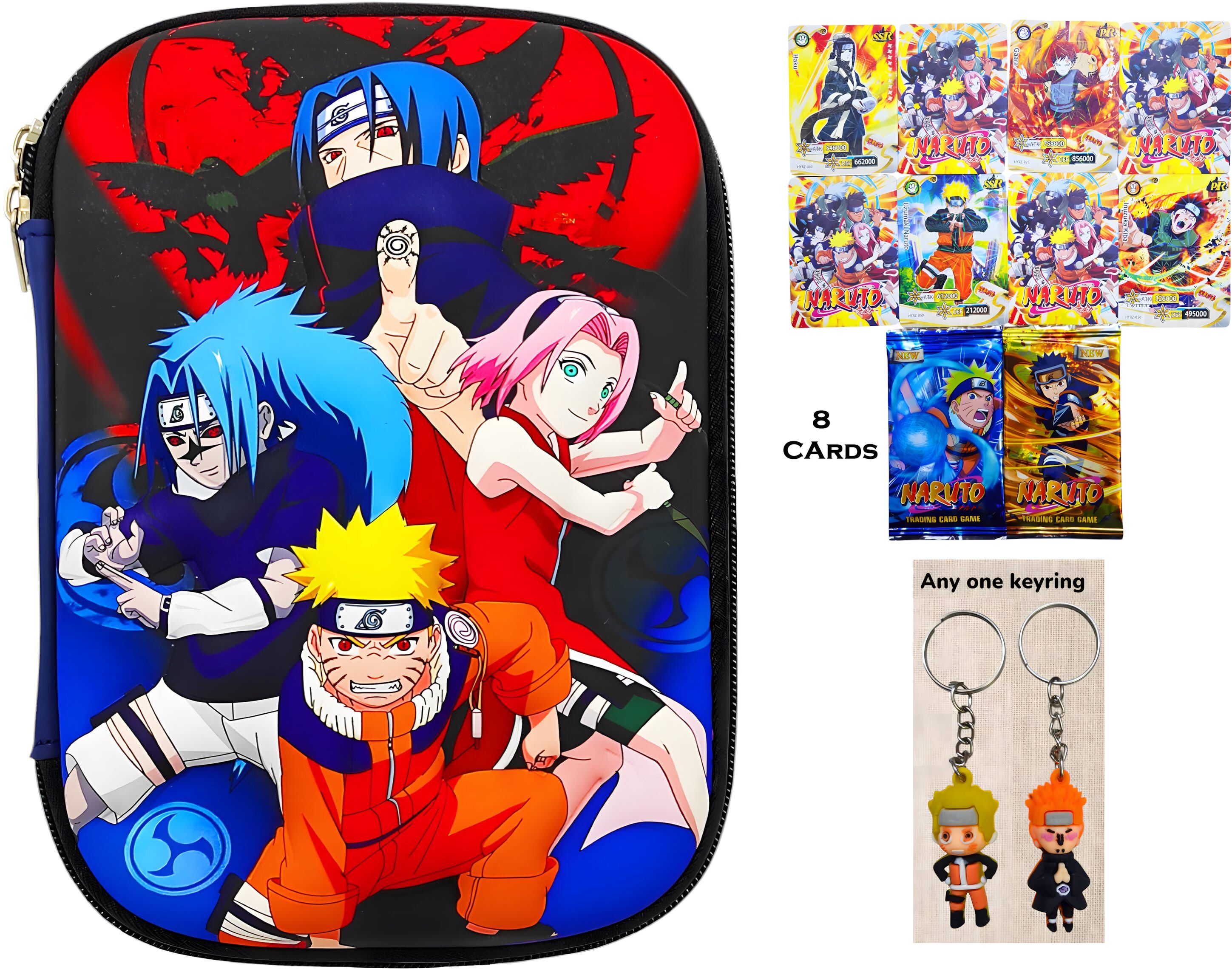 Naruto EVA Big Pencil Box with 8 Naruto Trading Cards & 1 Keyring – Anime Statio nery Gift Set for Kids Art EVA Pencil Box