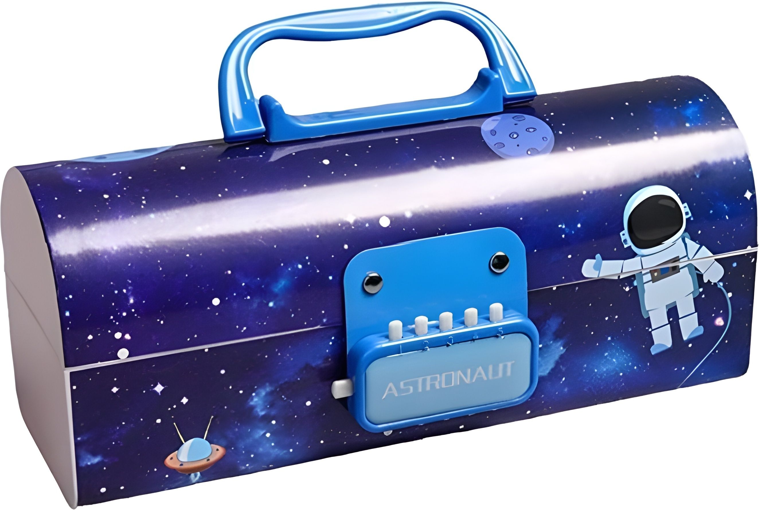 Trandy Blue Space-Themed Design Password Code Lock Multi-Layer Compartments Suitcase Style Design Password Lock Cartoon Art Durable Plastic Construction Art Plastic Pencil Box-image-2