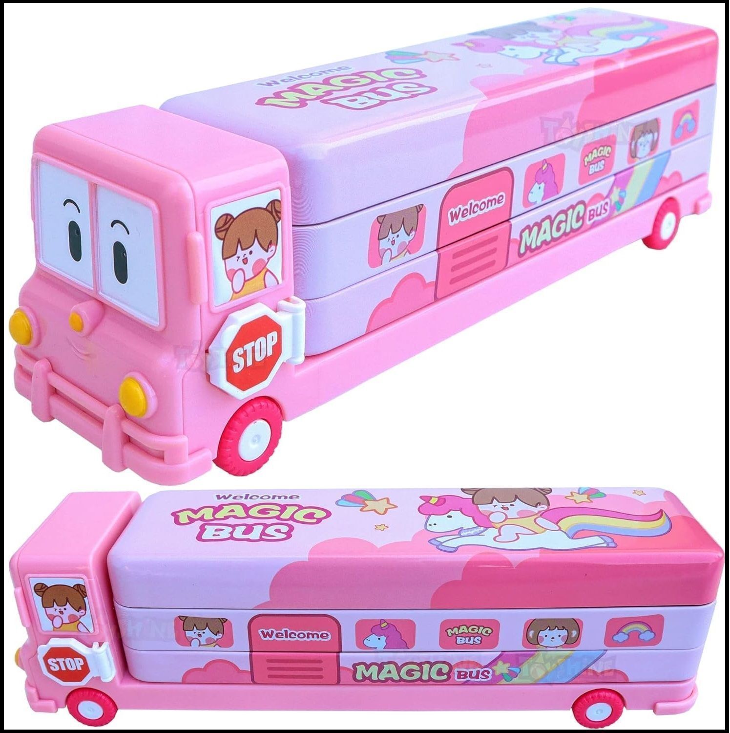 maroosh School Bus Metal Pencil Box With Moving Tyres And Sharpner For Kids392 Cartoon Printed Art Metal Pencil Box-picture-16