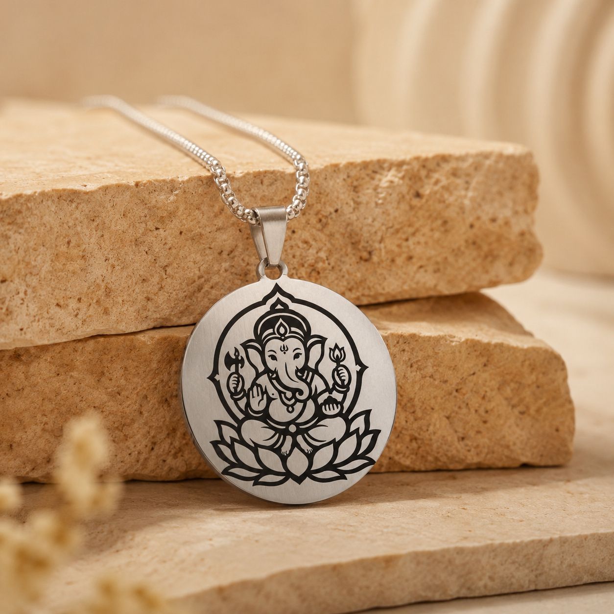 M Men Style Silver Ganapati Lotus Arch Steel Pendant with 22 Inch Box Chain Stainless Steel Pendant-image-1