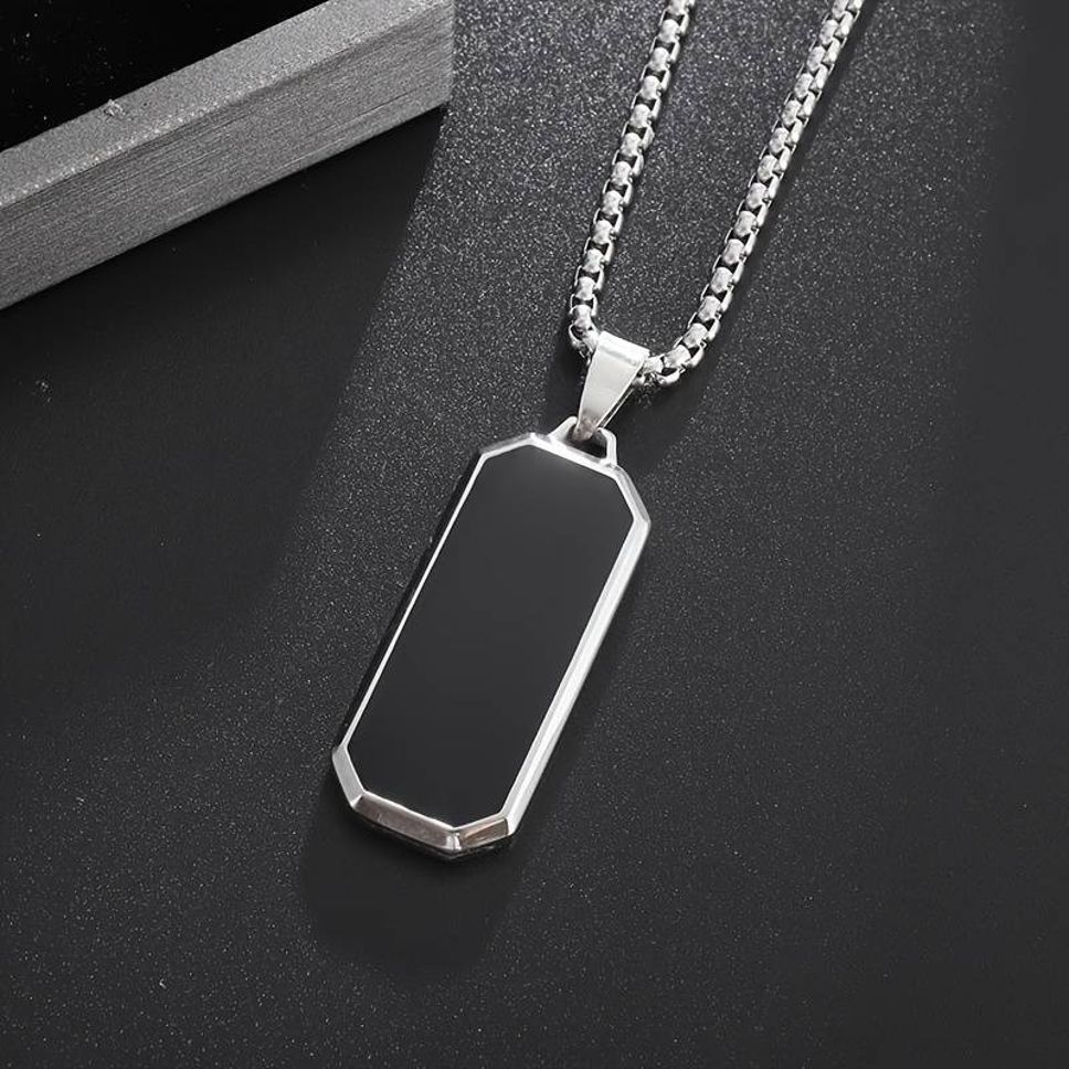 Black Rectangle Pendant Men's Stainless Steel Necklace Silver Stainless Steel Pendant-image-14