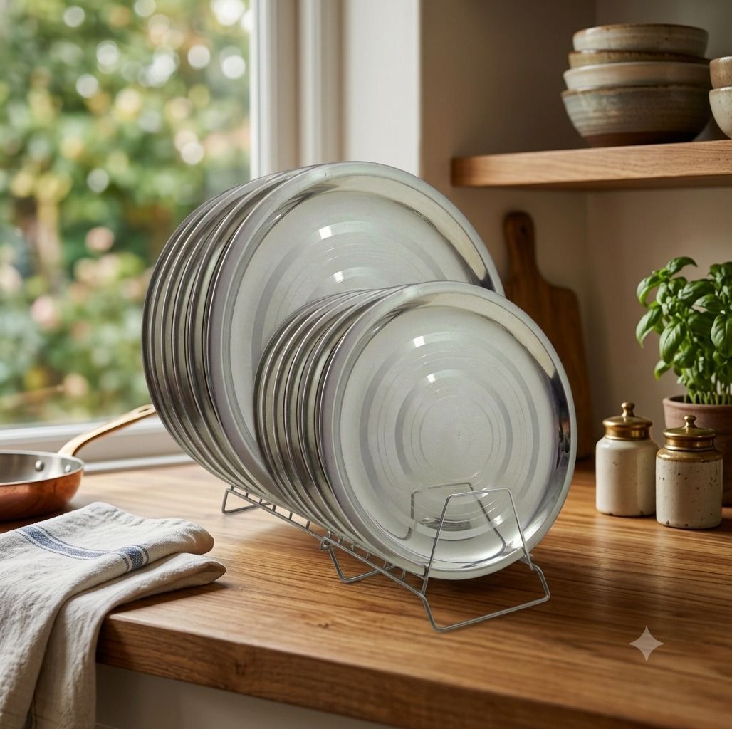 Stainless Steel Thali Set 12 Pcs | 6 Full Thali + 6 Half Plate | Mirror Finish Dinner Plate-image-19