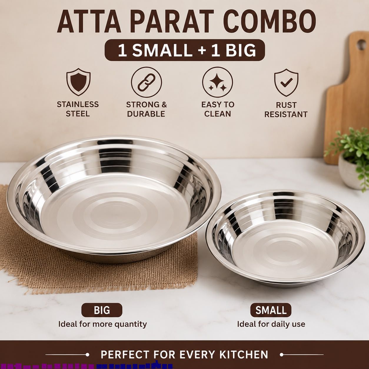 bzilo Combo of 2 Big And Small Atta Parat Stainless Steel for Use, Dough Kneading A6 Paraat-picture-32