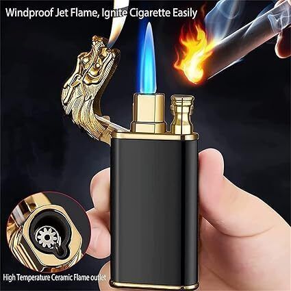 Dragon Face Jet Flame Lighter Refillable Butane Gas Brass Body & Cigarette Cigar Pocket Lighter