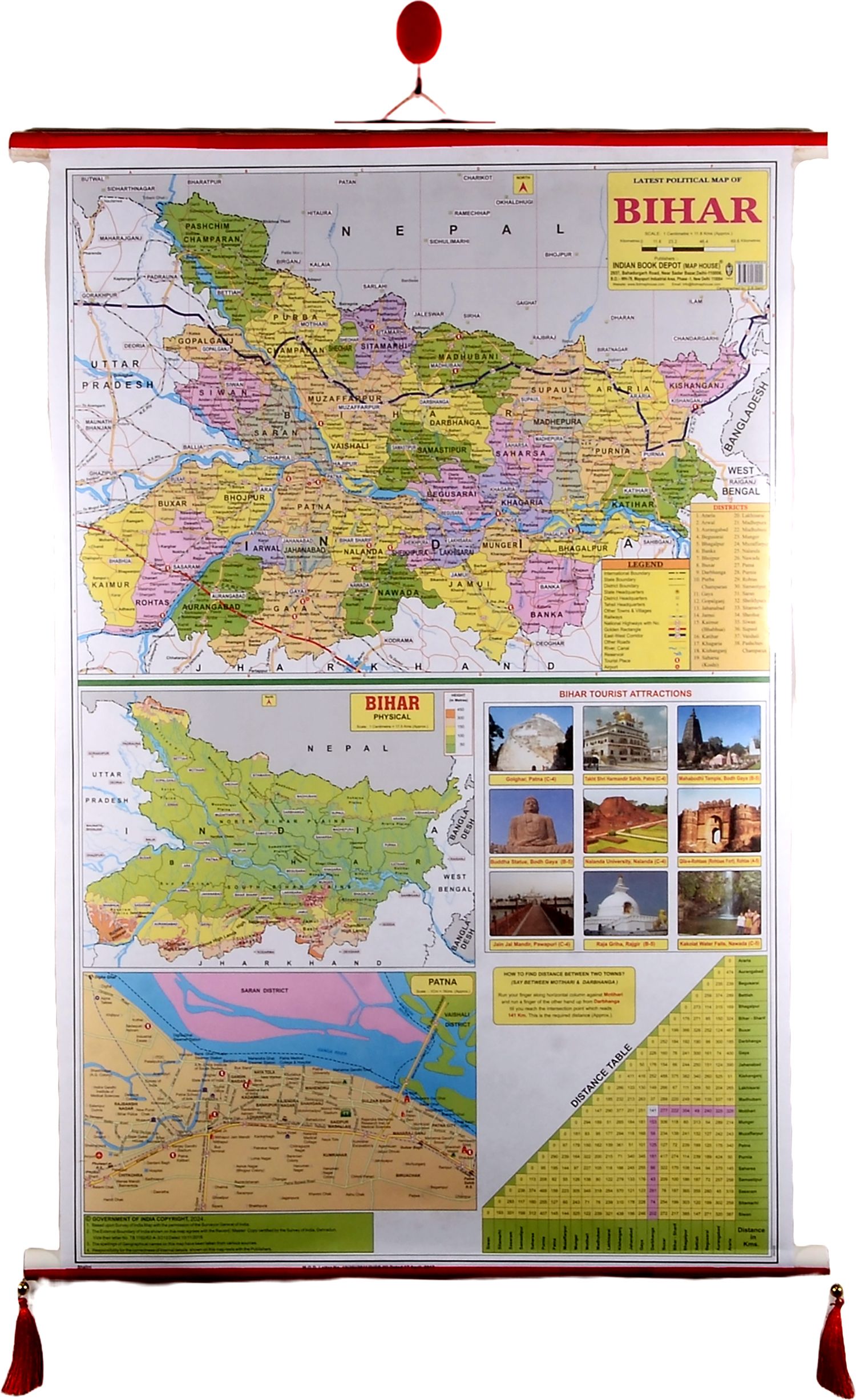 Bihar Political & Physical Map |PVC Mounted with Red/White Pipes & Golden Jari Thread | Distance Table, Detailed Patna Map | Govt. Approved Survey of India | Perfect for UPSC, Competitive Exams & Classrooms Fine Art Print-image-2